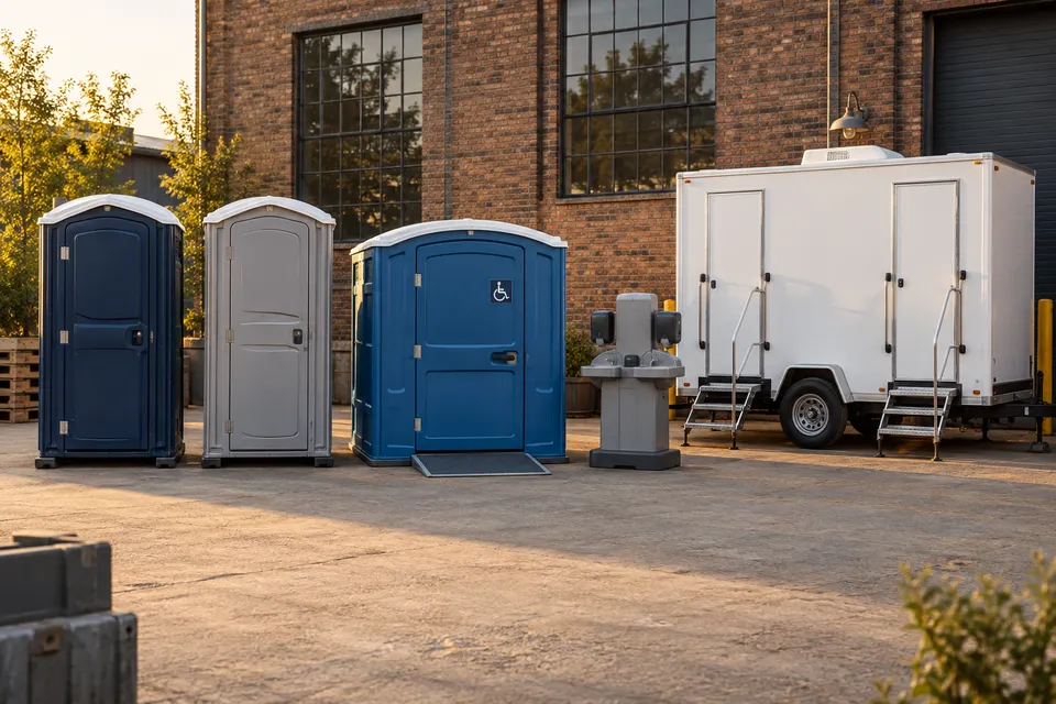 Standard, deluxe and accessible portable toilets, handwashing station and restroom trailer